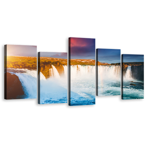 Waterfall Iceland Canvas Wall Art, Yellow Sunset Europe Landscape Waterfall Canvas Print, Blue Skjalfandafljot River Godafoss Waterfall 5 Piece Canvas