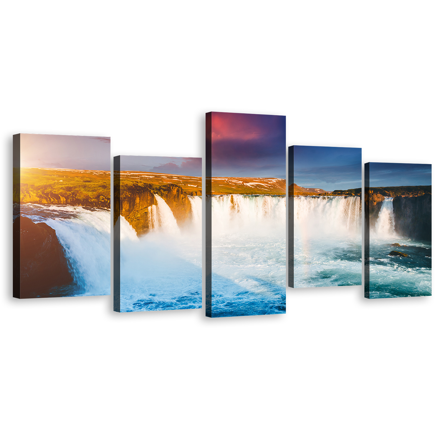 Waterfall Iceland Canvas Wall Art, Yellow Sunset Europe Landscape Waterfall Canvas Print, Blue Skjalfandafljot River Godafoss Waterfall 5 Piece Canvas