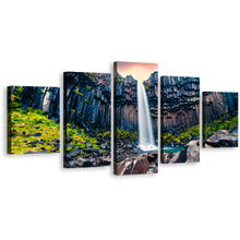 Load image into Gallery viewer, Waterfall Iceland Wall Art, Orange Sunrise in Skaftafell 5 Piece Canvas Print, Europe Green Rocks Waterfall Scenery Canvas Multi-panel Art
