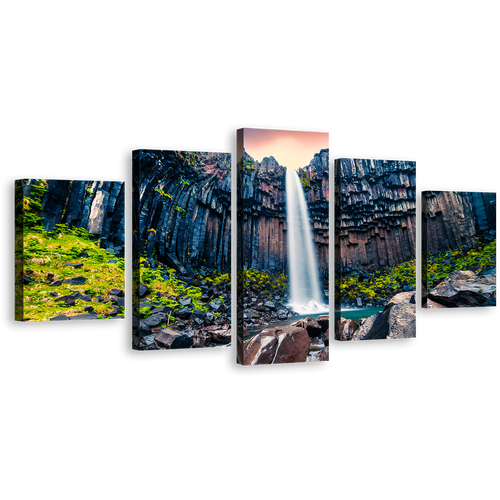 Waterfall Iceland Wall Art, Orange Sunrise in Skaftafell 5 Piece Canvas Print, Europe Green Rocks Waterfall Scenery Canvas Multi-panel Art