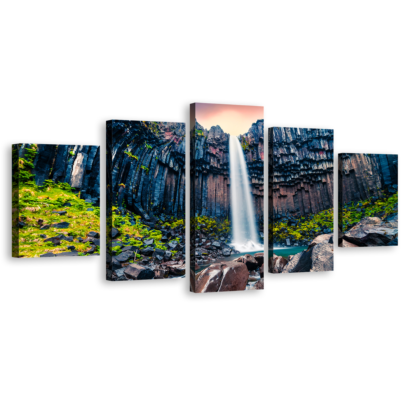 Waterfall Iceland Wall Art, Orange Sunrise in Skaftafell 5 Piece Canvas Print, Europe Green Rocks Waterfall Scenery Canvas Multi-panel Art