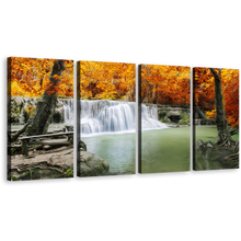 Load image into Gallery viewer, Waterfall Lake Wall Art, Thailand Green River Canvas Print, Orange Autumn Forest Trees 4 Piece Multi Canvas
