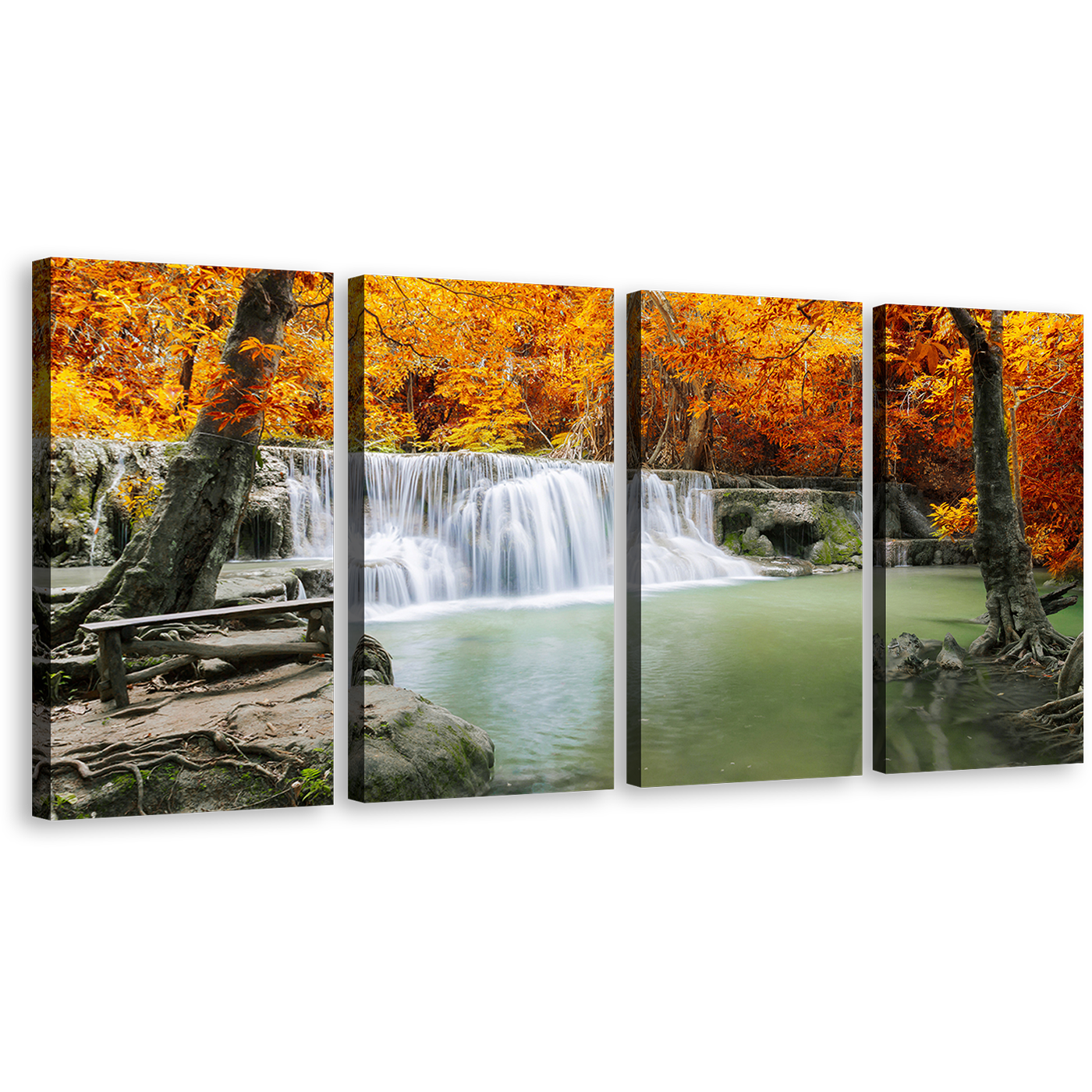 Waterfall Lake Wall Art, Thailand Green River Canvas Print, Orange Autumn Forest Trees 4 Piece Multi Canvas