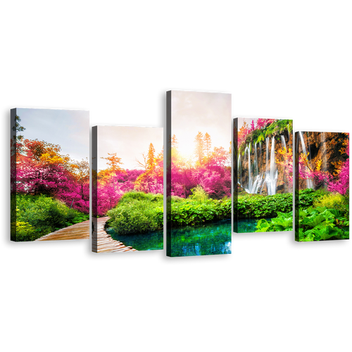 Waterfall Landscape Canvas Print, Colorful Lakes National Park Multi Canvas, Beautiful Scenery Waterfall 5 Piece Canvas Wall Art