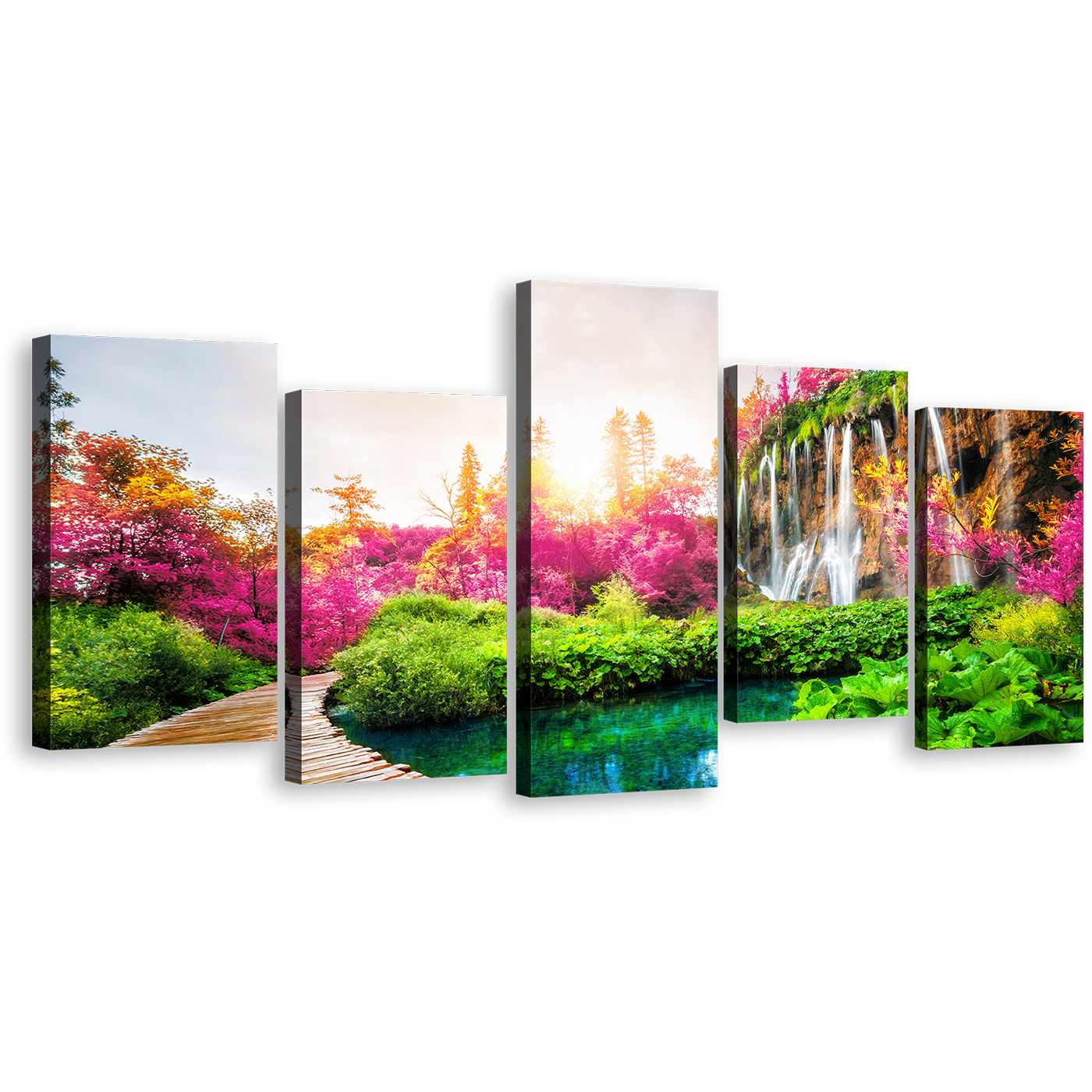 Waterfall Landscape Canvas Print, Colorful Lakes National Park Multi Canvas, Beautiful Scenery Waterfall 5 Piece Canvas Wall Art