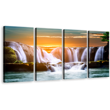 Load image into Gallery viewer, Waterfall Landscape Canvas Wall Art, Majestic Waterfall In Morning Sunrise 4 Piece Canvas, Beautiful White Landscape Orange Sky Canvas Print
