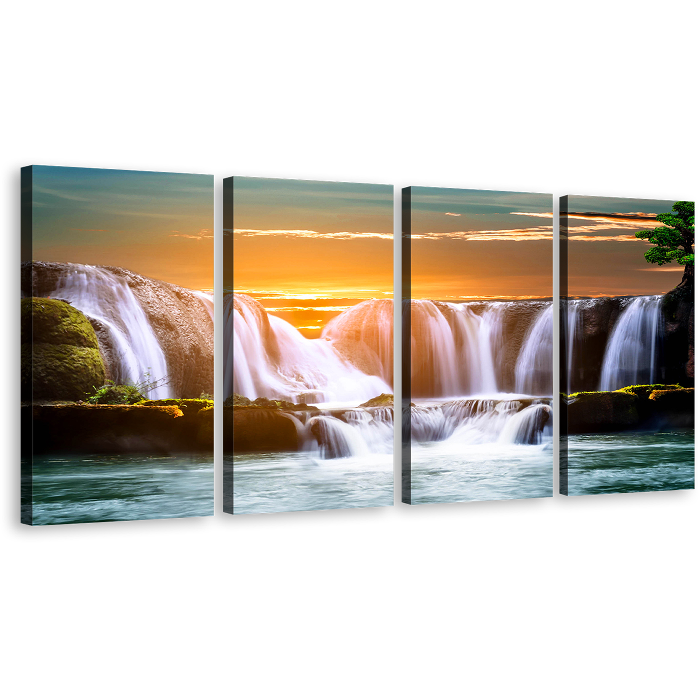 Waterfall Landscape Canvas Wall Art, Majestic Waterfall In Morning Sunrise 4 Piece Canvas, Beautiful White Landscape Orange Sky Canvas Print