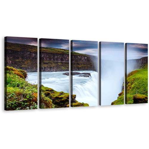 Waterfall Landscape Canvas Wall Art, River in Green Iceland Europe Multi Canvas Artwork, Europe White Waterfall 5 Piece Canvas Print