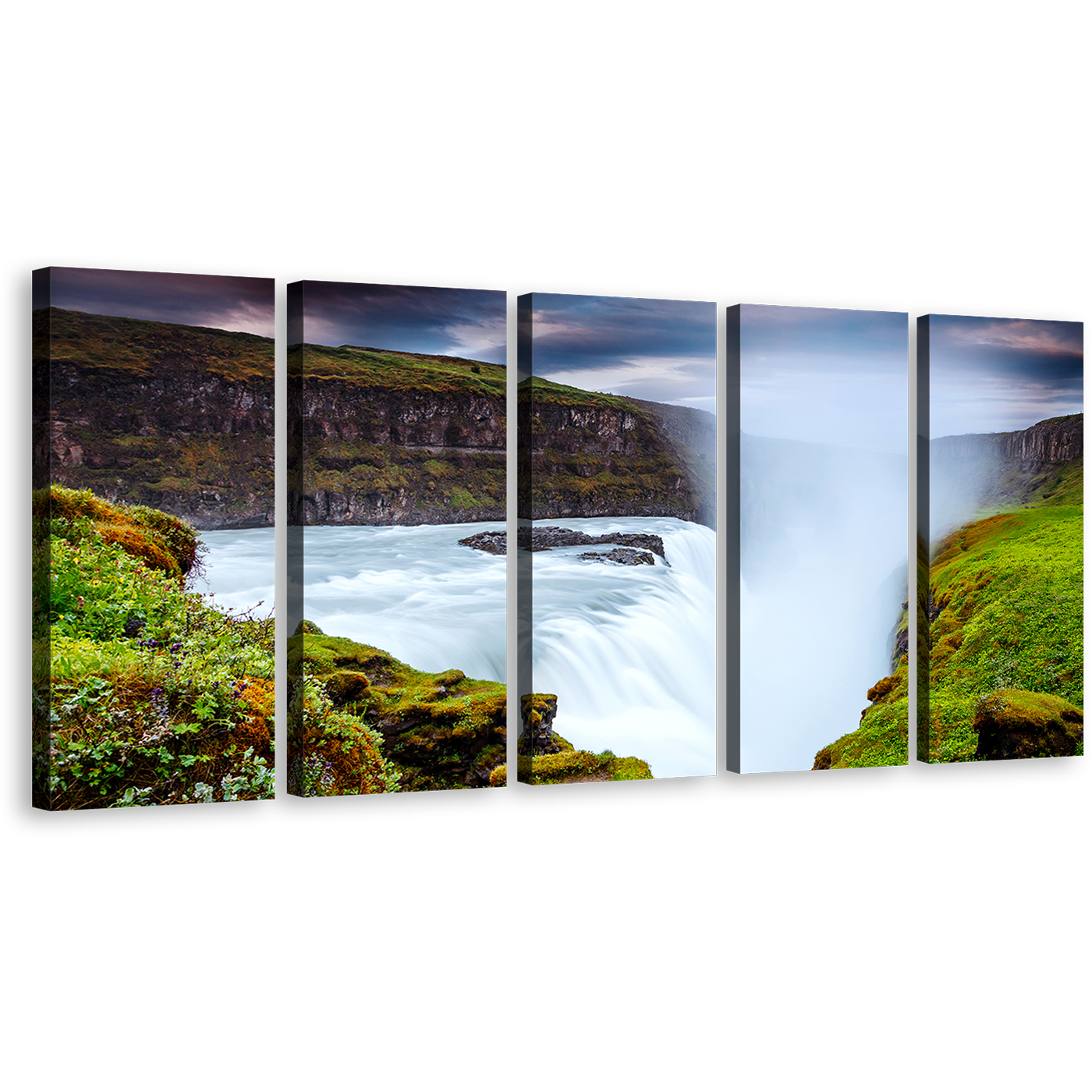 Waterfall Landscape Canvas Wall Art, River in Green Iceland Europe Multi Canvas Artwork, Europe White Waterfall 5 Piece Canvas Print