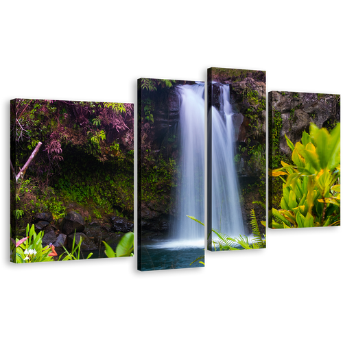 Waterfall Nature Canvas Wall Art, Beautiful White Waterfall 4 Piece Canvas Set, Majestic Green Forest Scenery Waterfall Canvas Print