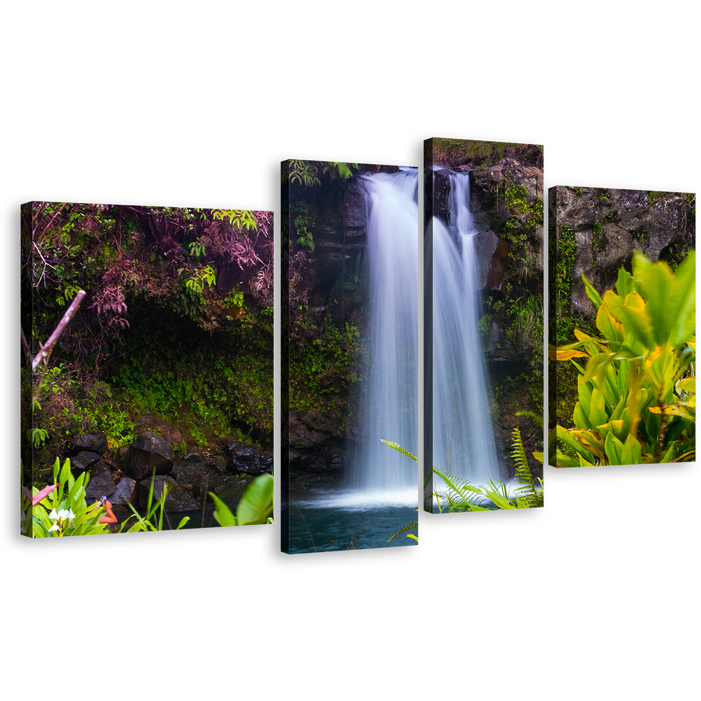 Waterfall Nature Canvas Wall Art, Beautiful White Waterfall 4 Piece Canvas Set, Majestic Green Forest Scenery Waterfall Canvas Print