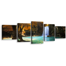 Load image into Gallery viewer, Waterfall Paradise Canvas Wall Art, Thailand Orange Trees Forest 5 Piece Canvas Print, Beautiful Blue Kanchanaburi Waterfall Scenic Multiple Canvas
