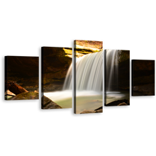 Load image into Gallery viewer, Waterfall River Canvas Print, Yellow Rocks Mountain 5 Piece Multiple Canvas, White Calming Waterfall Scenery Wall Art
