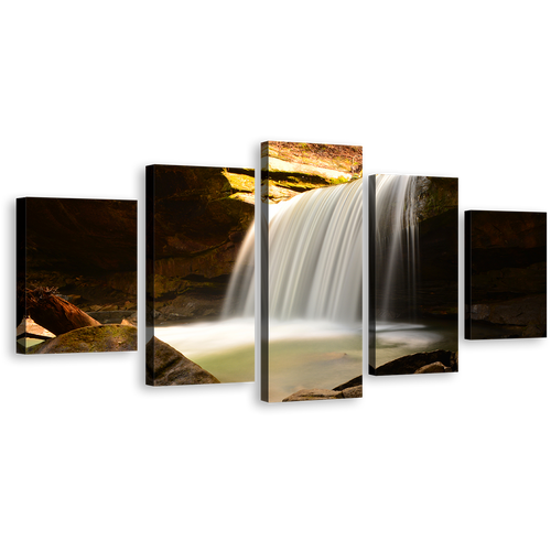 Waterfall River Canvas Print, Yellow Rocks Mountain 5 Piece Multiple Canvas, White Calming Waterfall Scenery Wall Art