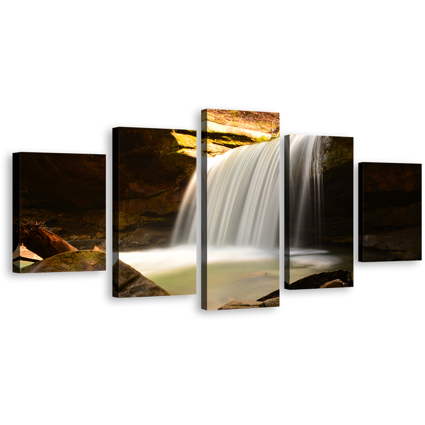 Waterfall River Canvas Print, Yellow Rocks Mountain 5 Piece Multiple Canvas, White Calming Waterfall Scenery Wall Art