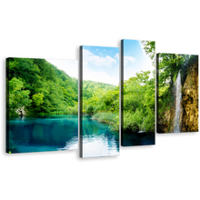 Load image into Gallery viewer, Waterfall River Canvas Wall Art, Green Croatia Forest Waterfall 4 Piece Canvas Print, Deep Blue Sea Multi Canvas
