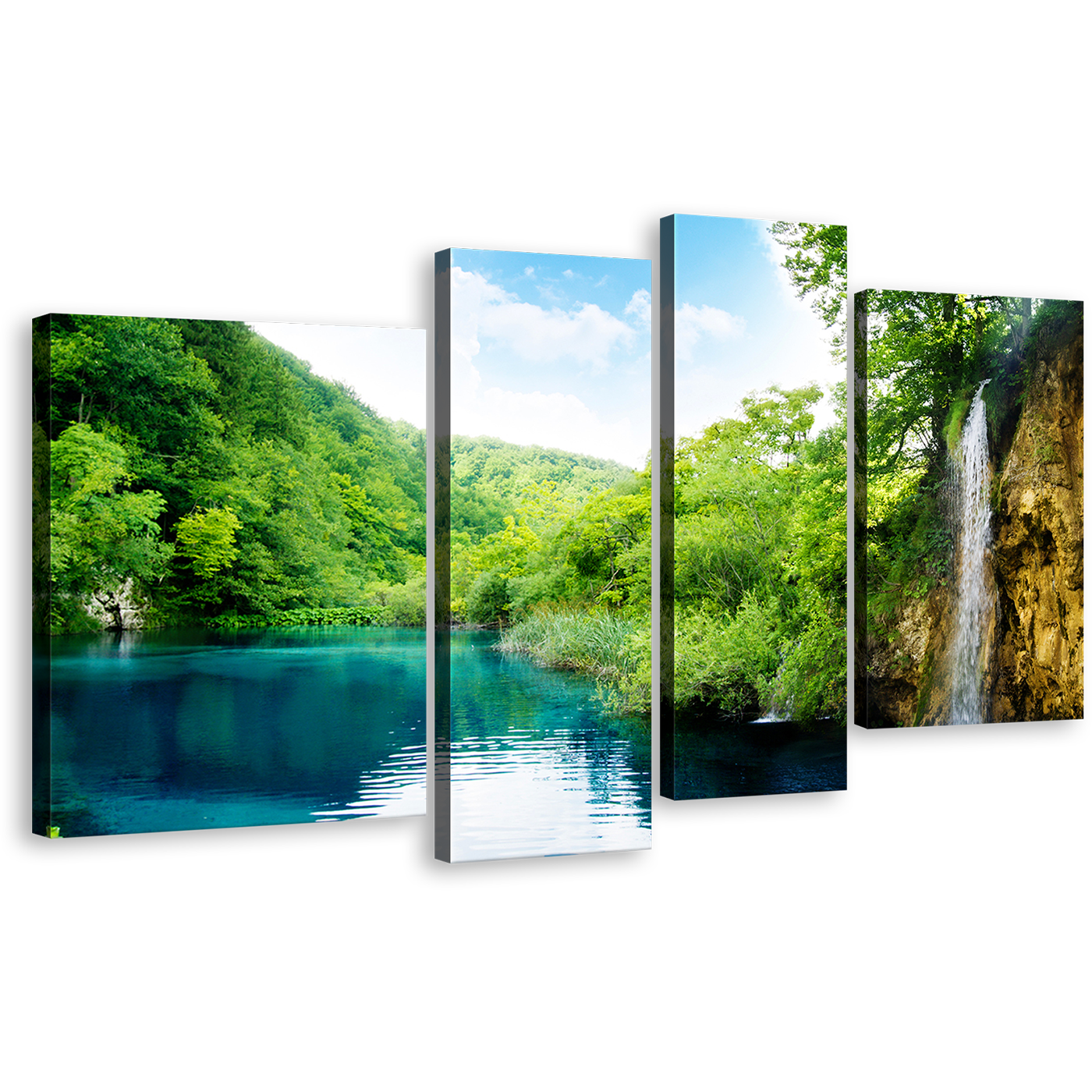 Waterfall River Canvas Wall Art, Green Croatia Forest Waterfall 4 Piece Canvas Print, Deep Blue Sea Multi Canvas