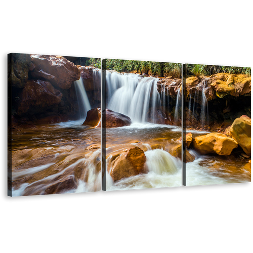 Waterfall Rocks Canvas Print, Taiwan White Waterfall 3 Piece Canvas Wall Art, Golden Waterfall in Jinguash Multi Canvas