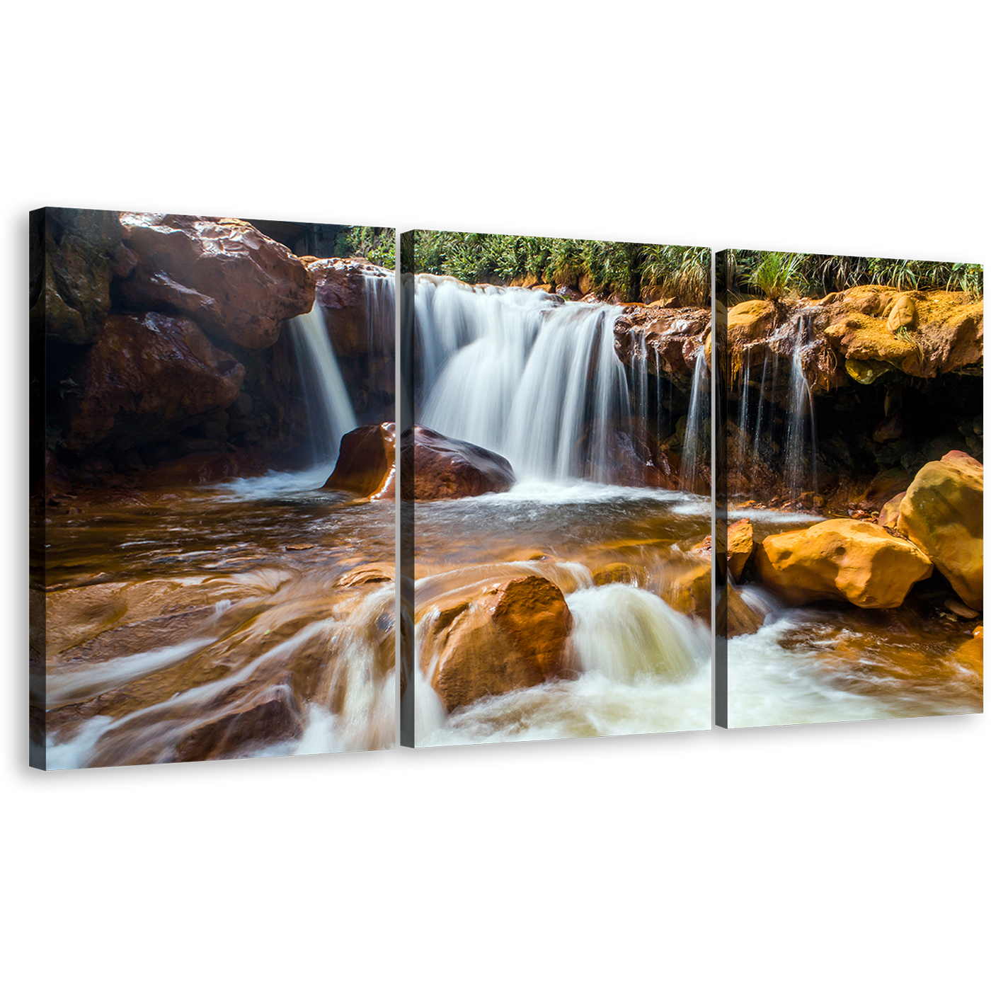 Waterfall Rocks Canvas Print, Taiwan White Waterfall 3 Piece Canvas Wall Art, Golden Waterfall in Jinguash Multi Canvas