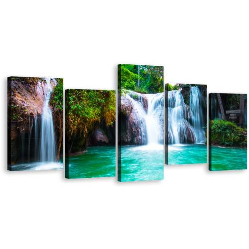 Waterfall Scene Canvas Wall Art, Beautiful White Waterfall Scenery 5 Piece Canvas Print, Stunning Green Waterfall in Nature Multiple Canvas