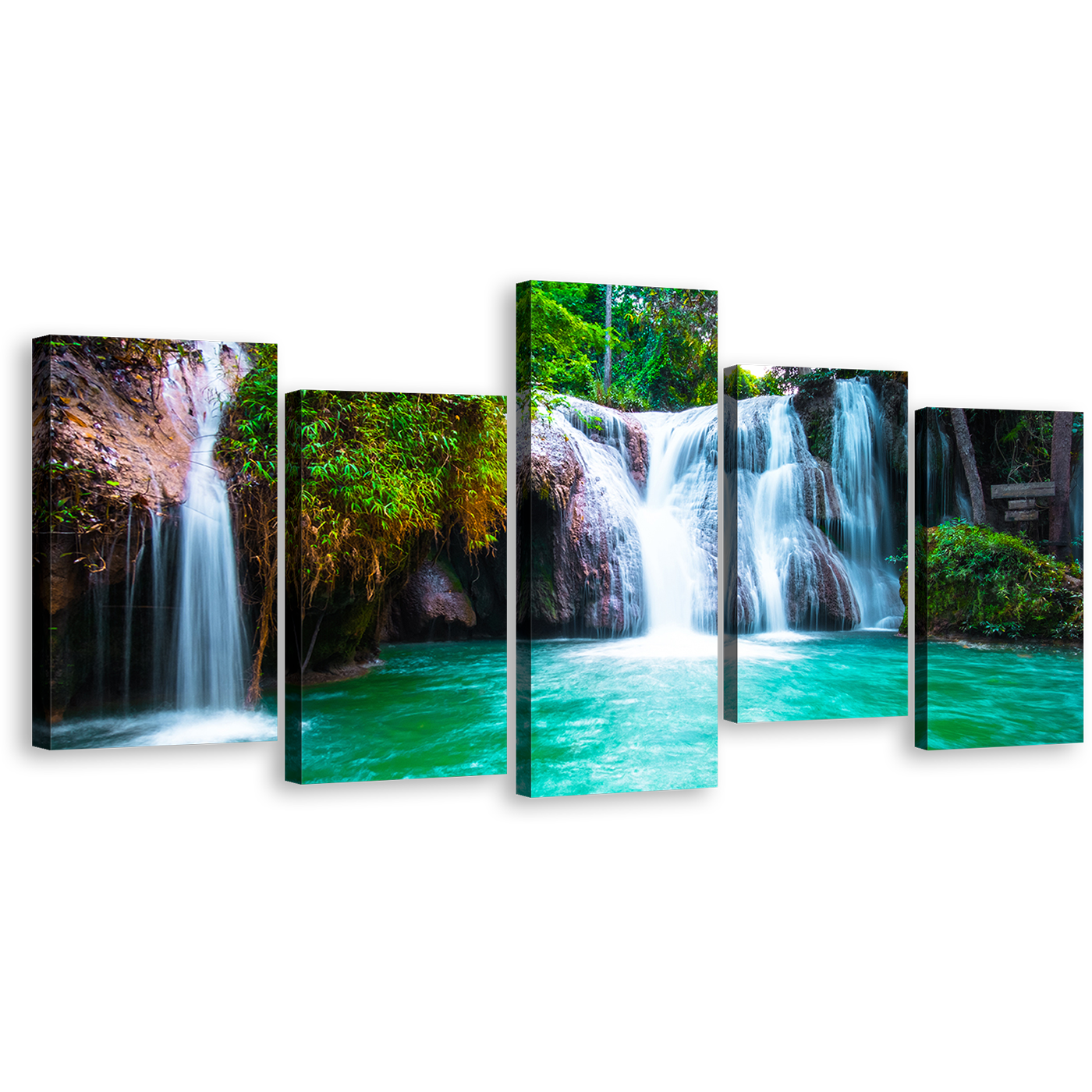 Waterfall Scene Canvas Wall Art, Beautiful White Waterfall Scenery 5 Piece Canvas Print, Stunning Green Waterfall in Nature Multiple Canvas