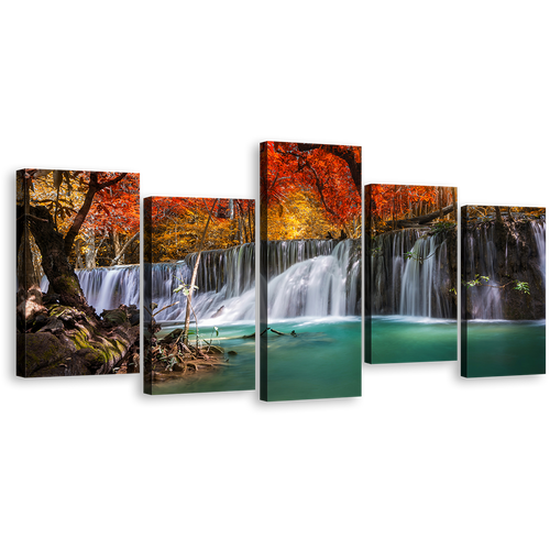 Waterfall Scenery Canvas Print, Colorful Forest Waterfall 5 Piece Canvas Wall Art, Amazing Waterfall Scene Multi Canvas Artwork