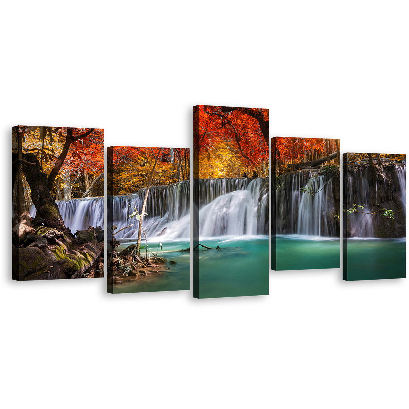 Waterfall Scenery Canvas Print, Colorful Forest Waterfall 5 Piece Canvas Wall Art, Amazing Waterfall Scene Multi Canvas Artwork