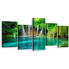 Load image into Gallery viewer, Waterfall Scenery Canvas Print, Croatia Green Forest Waterfall 5 Piece Canvas Wall Art, Blue Plitvice Lakes Multiple Canvas
