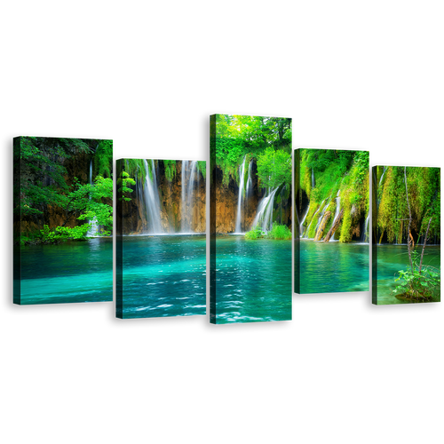 Waterfall Scenery Canvas Print, Croatia Green Forest Waterfall 5 Piece Canvas Wall Art, Blue Plitvice Lakes Multiple Canvas