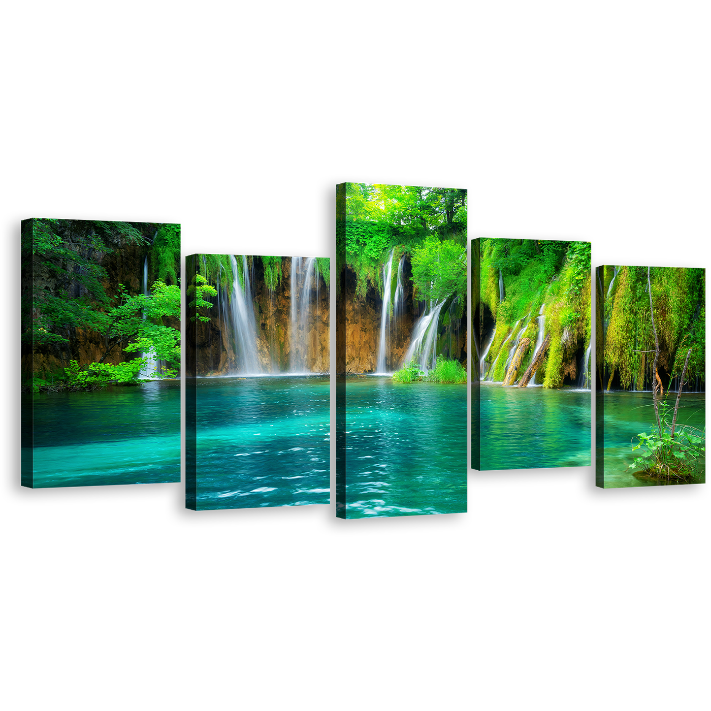 Waterfall Scenery Canvas Print, Croatia Green Forest Waterfall 5 Piece Canvas Wall Art, Blue Plitvice Lakes Multiple Canvas