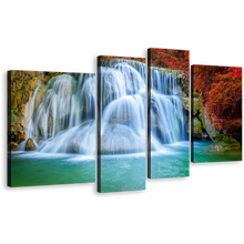 Load image into Gallery viewer, Waterfall Scenery Canvas Print, Kanchanaburi Colorful Autumn Waterfall Canvas Wall Art, Thailand Huai Mae Khamin Waterfall 4 Piece Canvas Set
