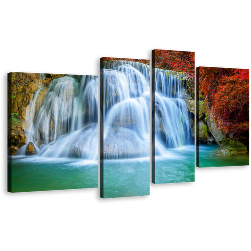 Waterfall Scenery Canvas Print, Kanchanaburi Colorful Autumn Waterfall Canvas Wall Art, Thailand Huai Mae Khamin Waterfall 4 Piece Canvas Set