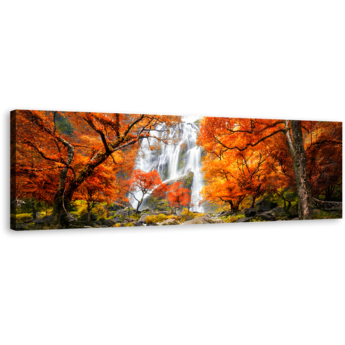 Waterfall Scenery Canvas Print, Thailand White Waterfall 1 Piece Canvas Wall Art, Orange Autumn Trees Forest Wide Canvas Artwork