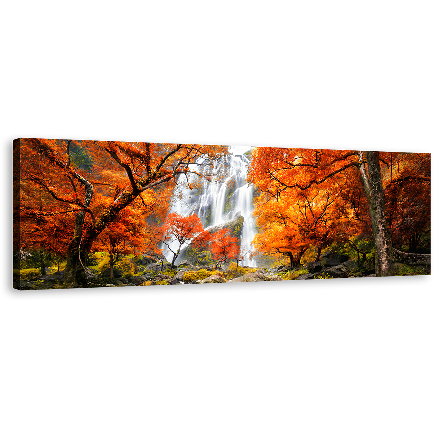 Waterfall Scenery Canvas Print, Thailand White Waterfall 1 Piece Canvas Wall Art, Orange Autumn Trees Forest Wide Canvas Artwork