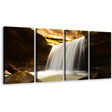 Load image into Gallery viewer, Waterfall Scenery Canvas Print, White Calming Waterfall Canvas Multi-panel Art, Yellow Mountain Rocks 4 Piece Wall Art
