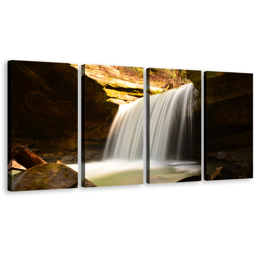 Waterfall Scenery Canvas Print, White Calming Waterfall Canvas Multi-panel Art, Yellow Mountain Rocks 4 Piece Wall Art