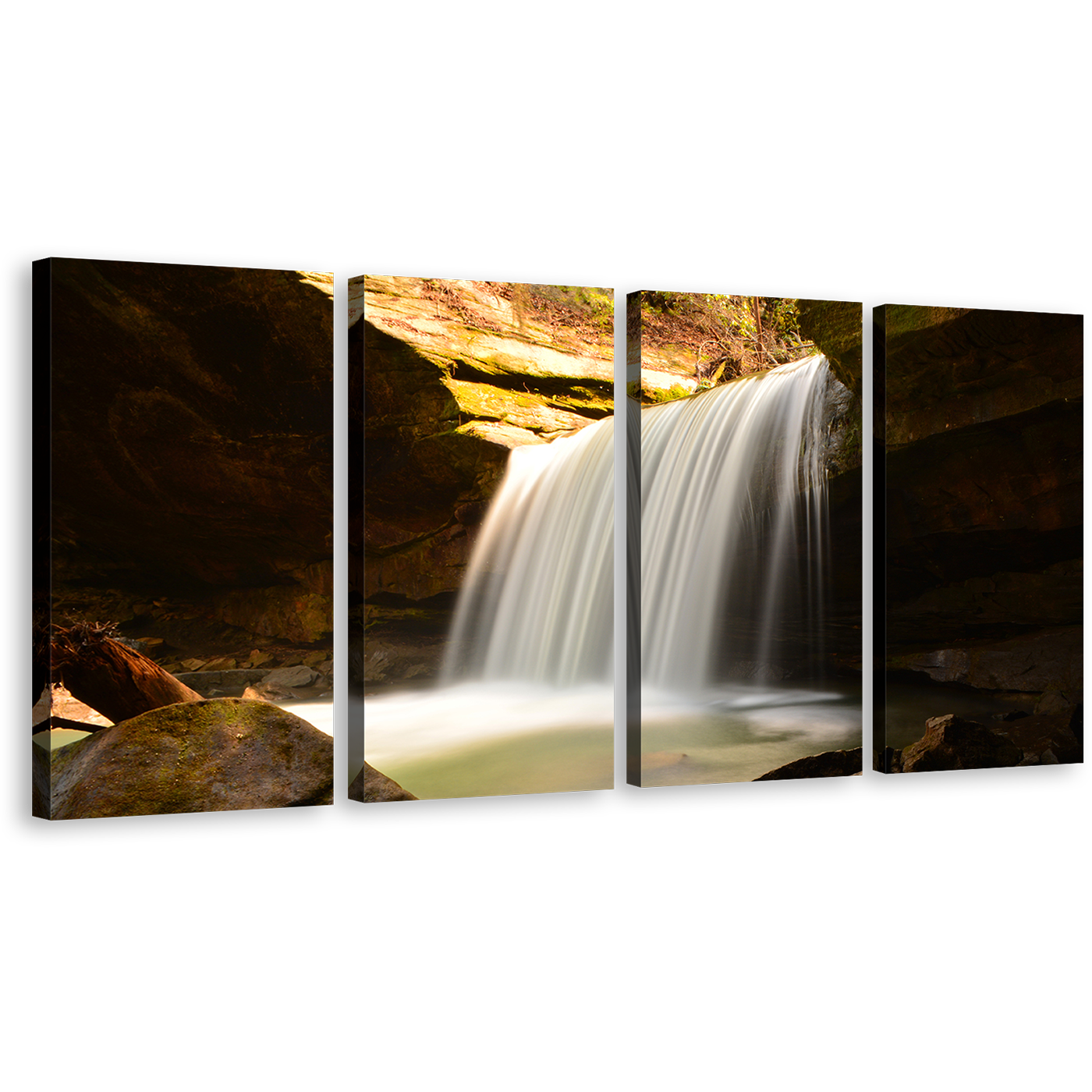 Waterfall Scenery Canvas Print, White Calming Waterfall Canvas Multi-panel Art, Yellow Mountain Rocks 4 Piece Wall Art