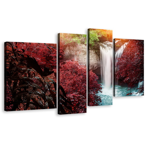 Waterfall Scenery Canvas Wall Art, Amazing Red Trees Forest Waterfall 4 Piece Canvas Print, Beautiful White Waterfall Multiple Canvas