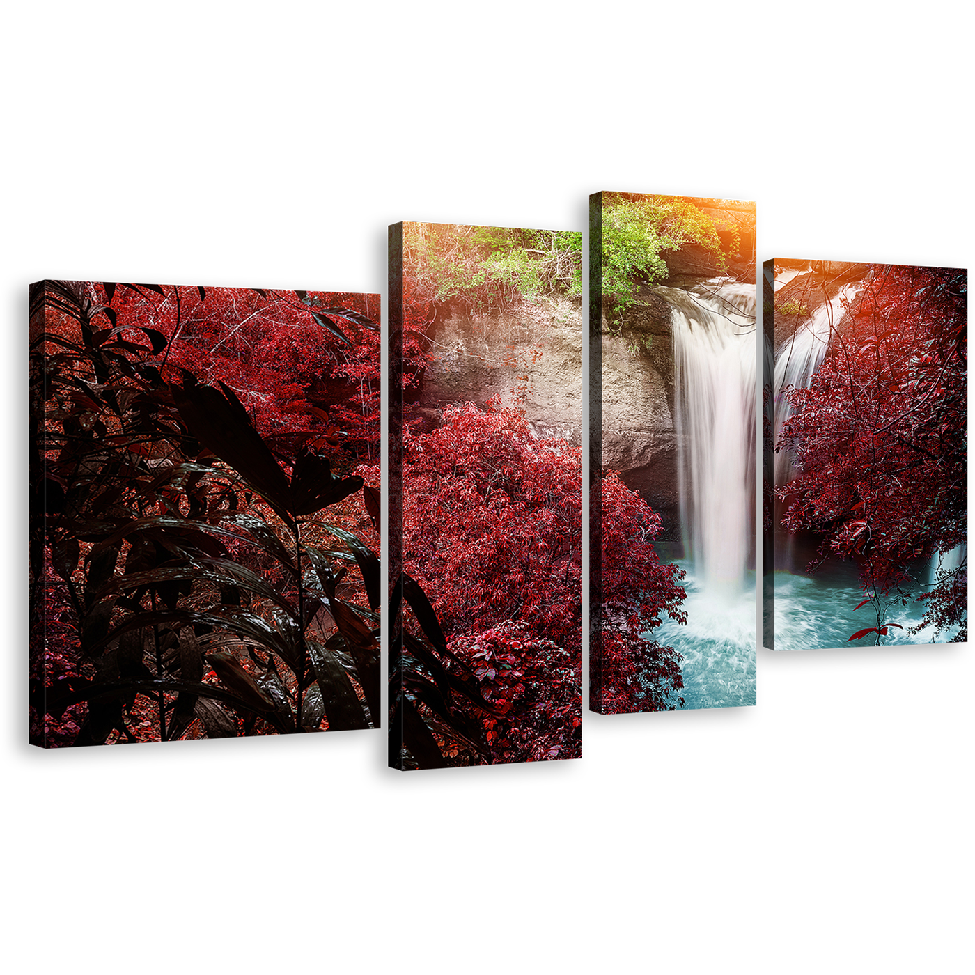 Waterfall Scenery Canvas Wall Art, Amazing Red Trees Forest Waterfall 4 Piece Canvas Print, Beautiful White Waterfall Multiple Canvas