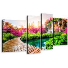 Load image into Gallery viewer, Waterfall Scenery Canvas Wall Art, Beautiful Colorful Waterfall Landscape 4 Piece Multiple Canvas, Path Trail Paradise National Park Canvas Print
