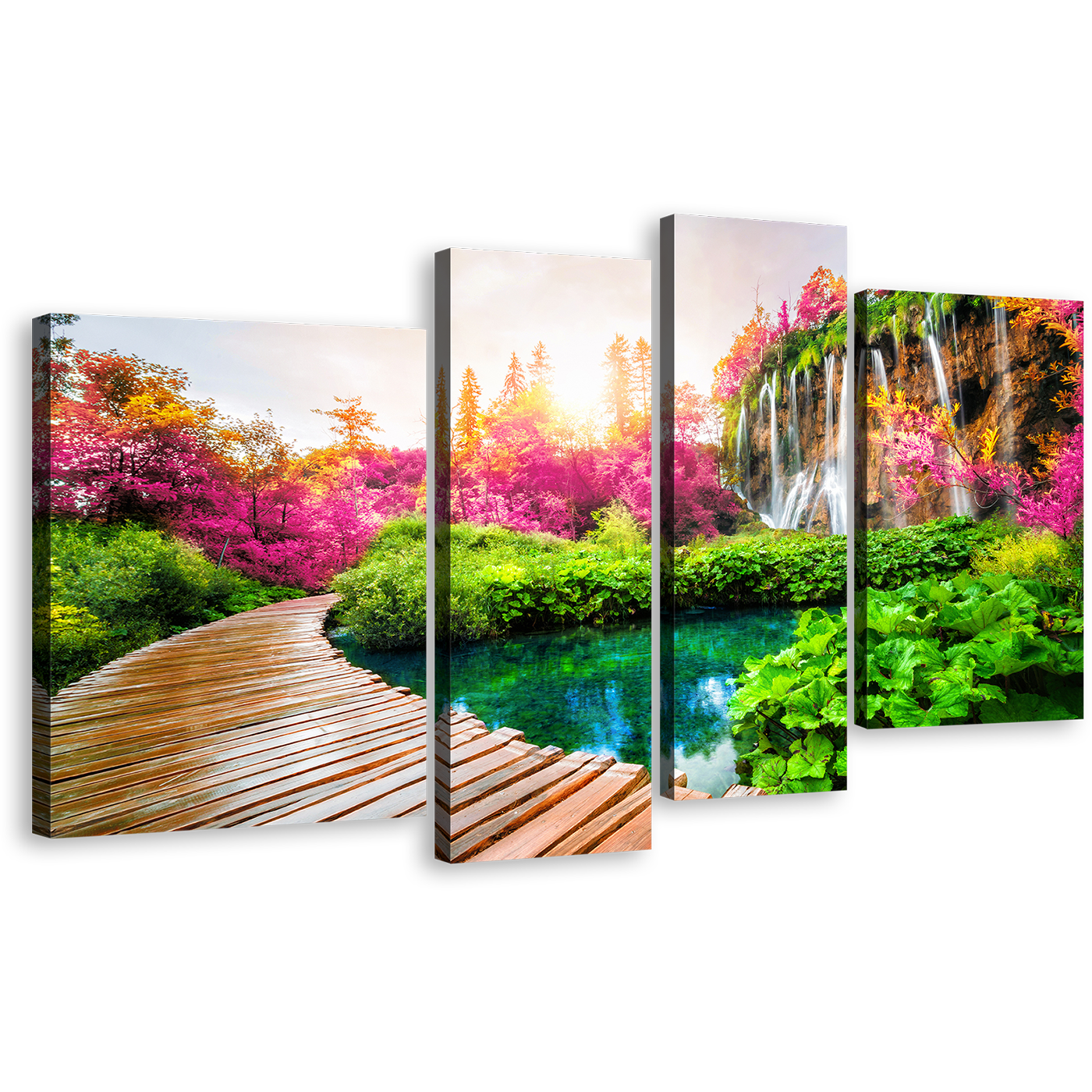 Waterfall Scenery Canvas Wall Art, Beautiful Colorful Waterfall Landscape 4 Piece Multiple Canvas, Path Trail Paradise National Park Canvas Print