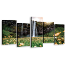 Load image into Gallery viewer, Waterfall Scenery Canvas Wall Art, Beautiful White Rainforest Canvas Print, Yellow Sunset Seljalandsfoss Falls 5 Piece Multi Canvas Artwork
