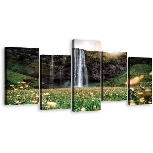 Waterfall Scenery Canvas Wall Art, Beautiful White Rainforest Canvas Print, Yellow Sunset Seljalandsfoss Falls 5 Piece Multi Canvas Artwork