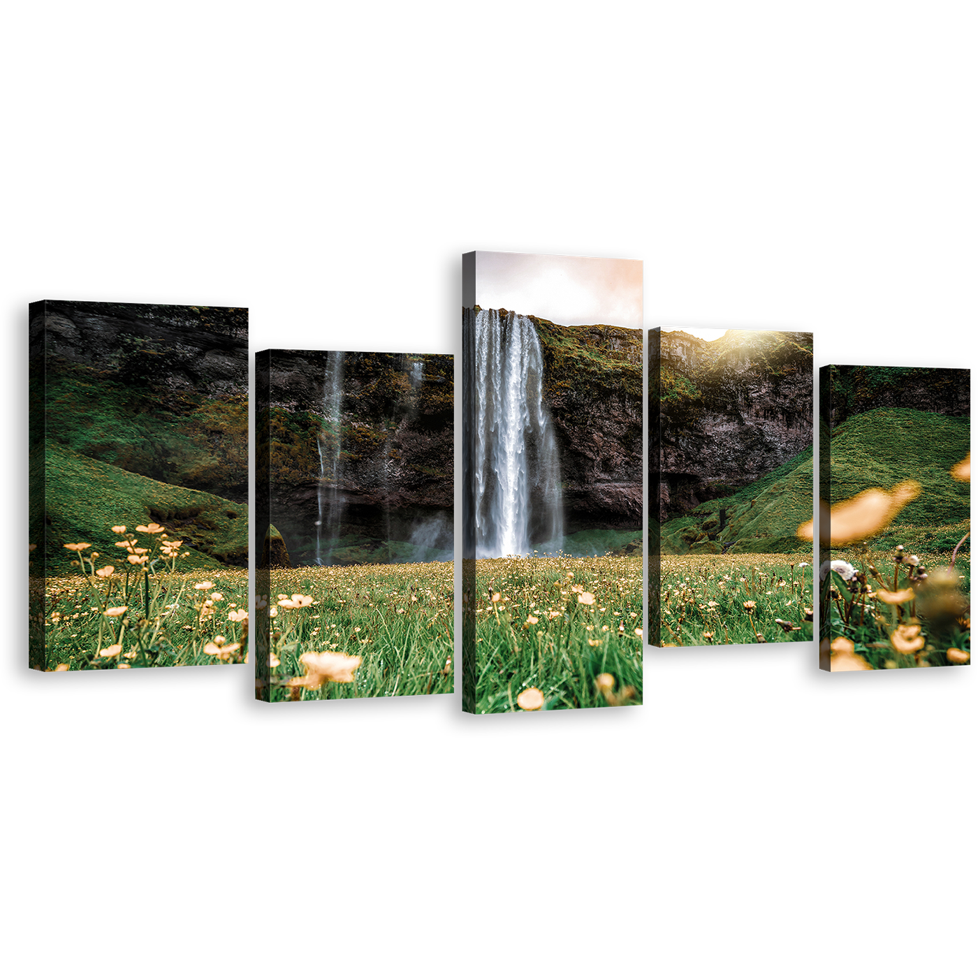 Waterfall Scenery Canvas Wall Art, Beautiful White Rainforest Canvas Print, Yellow Sunset Seljalandsfoss Falls 5 Piece Multi Canvas Artwork