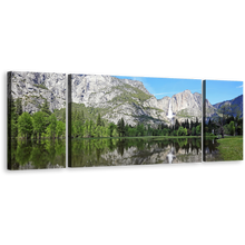 Load image into Gallery viewer, Waterfall Scenery Canvas Wall Art, California White Sierra Nevada Mountains 3 Piece Canvas Set, Green Yosemite National Park Waterfall Triptych Canvas Print
