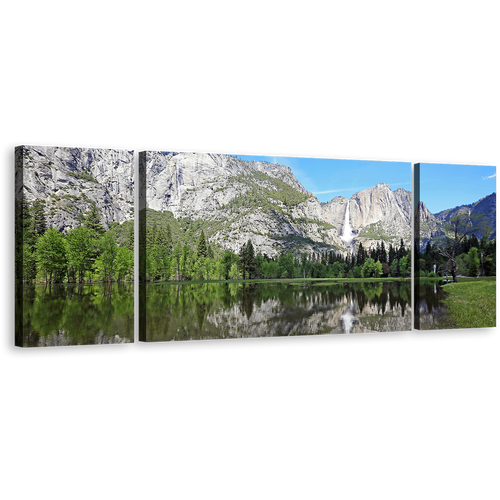 Waterfall Scenery Canvas Wall Art, California White Sierra Nevada Mountains 3 Piece Canvas Set, Green Yosemite National Park Waterfall Triptych Canvas Print