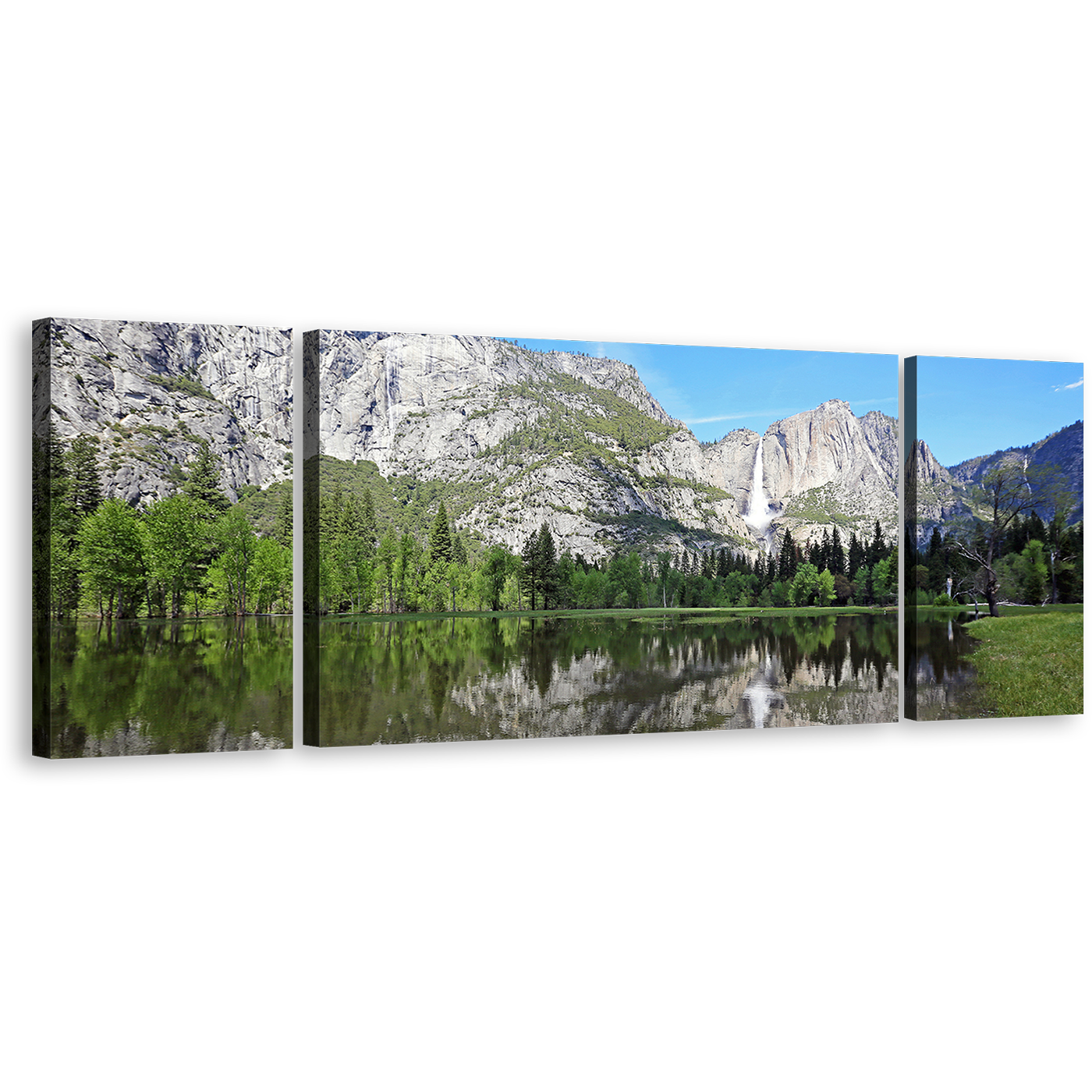 Waterfall Scenery Canvas Wall Art, California White Sierra Nevada Mountains 3 Piece Canvas Set, Green Yosemite National Park Waterfall Triptych Canvas Print