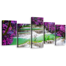 Load image into Gallery viewer, Waterfall Scenery Canvas Wall Art, Colorful Forest Deep Rainforest Waterfall Multi Canvas Artwork, Thailand Huay Mae Kamin Waterfall 5 Piece Canvas Print
