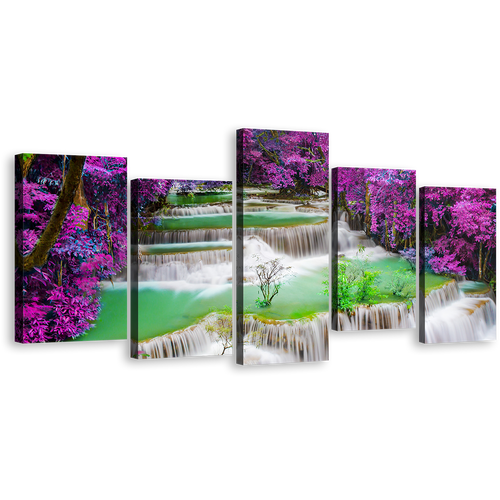 Waterfall Scenery Canvas Wall Art, Colorful Forest Deep Rainforest Waterfall Multi Canvas Artwork, Thailand Huay Mae Kamin Waterfall 5 Piece Canvas Print