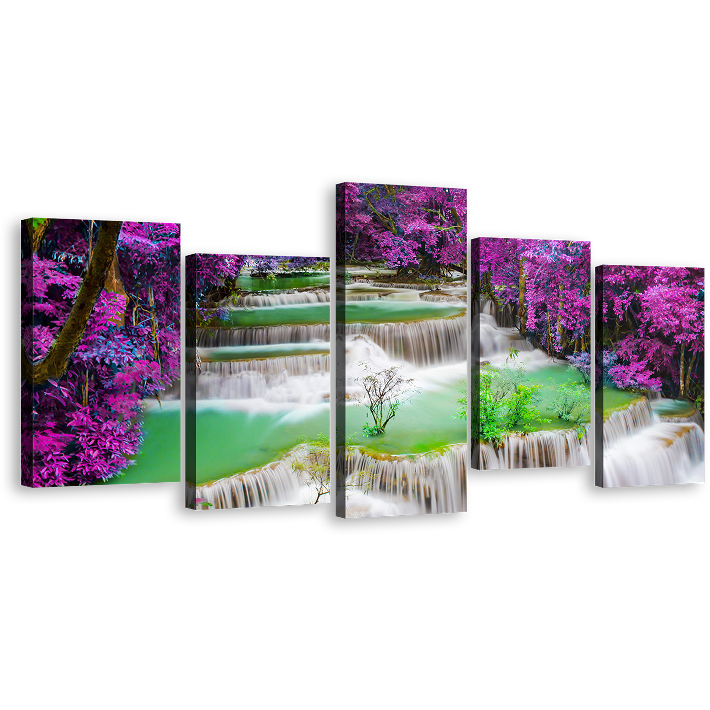 Waterfall Scenery Canvas Wall Art, Colorful Forest Deep Rainforest Waterfall Multi Canvas Artwork, Thailand Huay Mae Kamin Waterfall 5 Piece Canvas Print